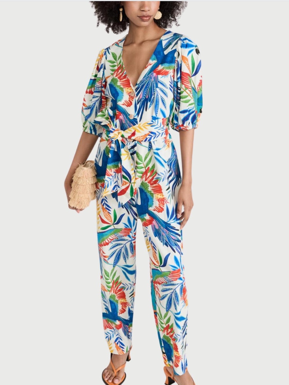 FARM Rio Tropical Linen Macaw Wind Puff Sleeve Belted Jumpsuit Size S